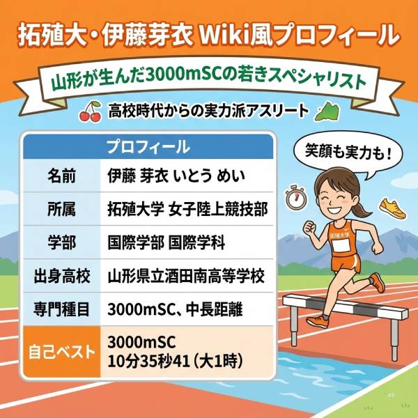 伊藤芽衣の笑顔がかわいい【話題の動画】！

拓殖大学女子陸上部の中でも、その実力と共に「アイドル級にかわいい！」と陸上ファンの間で大きな注目を集めているのが伊藤芽衣選手です。

なぜこれほどまでに彼女が「かわいい」と話題になっているのか。その最大の理由は、拓殖大学女子陸上部の公式SNSで公開された、ある「カウントダウン動画」における破壊的な笑顔にあります。

こんばんは！
2年の伊藤芽衣と保坂萌です🙂
富士山女子駅伝まであと12日となりました！
体調管理に気をつけて最後までチーム一丸となって頑張ります！！
拓殖大学の応援よろしくお願いします🍊#拓殖大学女子陸上部#富士山女子駅伝 pic.twitter.com/16zJEbrkky

— 拓殖大学女子陸上部 (@takudai_ekiden) December 18, 2025

普段のレースで見せる真剣で凛とした表情とは打って変わって、カメラの前で見せるあどけない笑顔と、チームメイトと楽しそうに話す姿が、多くの駅伝ファンの心を鷲掴みにしているのです。

まずは、その話題の中心となっている公式の投稿をご覧ください！